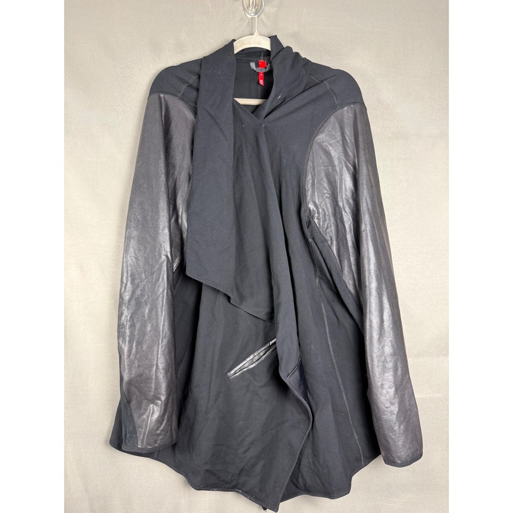 Spanx Cardigan Women 3XL Black Faux Leather Sleeve Drape Front Snap Jacket